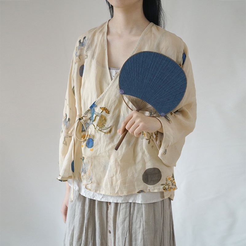 design, national style, Song Dynasty ramie lace-up cardigan, retro gentle literary and oblique shirt S22166