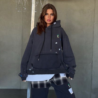 trendy brand stacking sweater splicing shirt set women's high-end sense hole paint hooded set Popular trade