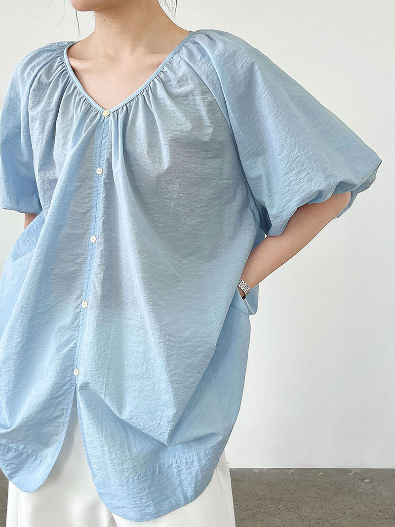 Luxi,  V-neck lazy bubble sleeve shirt women's summer new two-sided cardigan loose casual top 9746