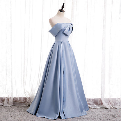 2025Evening dress women's  new temperament suspender simple blue satin shoulder student art exam dress fluffy skirt