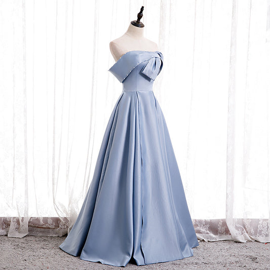 2025Evening dress women's  new temperament suspender simple blue satin shoulder student art exam dress fluffy skirt