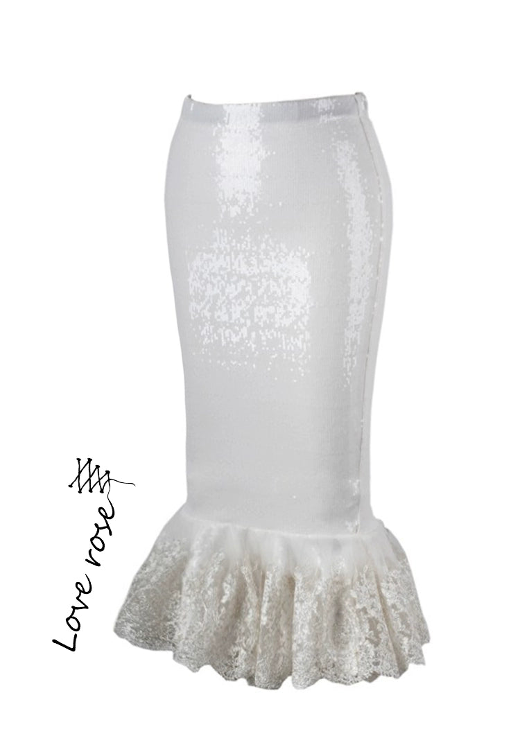 original design, white sequined hip-wrapped fishtail skirt, retro tight skirt with ruffle edge
