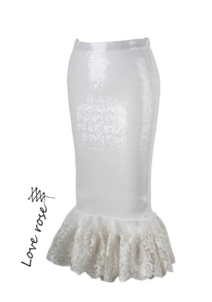 original design, white sequined hip-wrapped fishtail skirt, retro tight skirt with ruffle edge