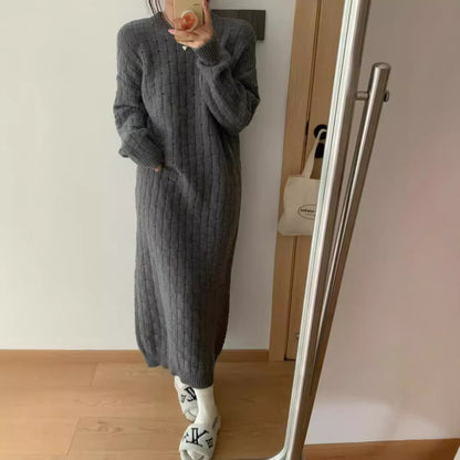 VLOVELAW Autumn and winter new knitted sweater dress women's long Korean version loose crew neck sweater skirt with bottom sweater skirt