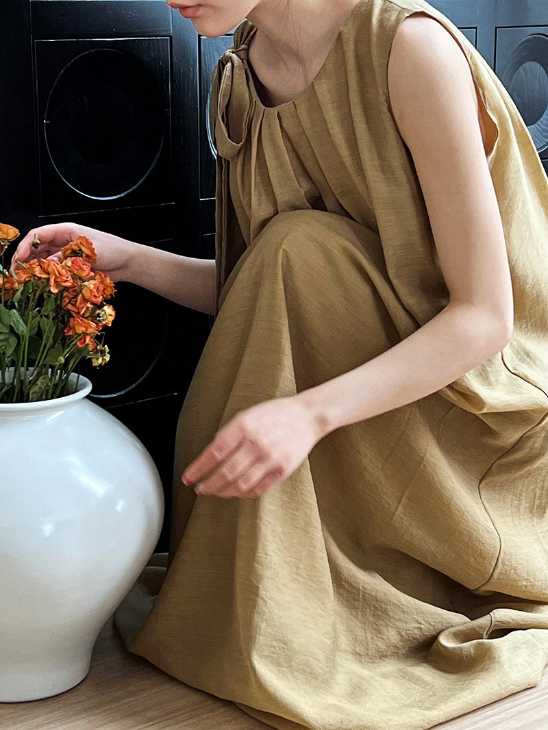 Luxi,  imitation linen pleated sleeveless A-shaped dress, thin high-end vest skirt, vacation dress 3210