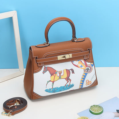 VLOVELAW 2025 New Fashion Printed Graffiti Kai Bag Cartoon Pattern Leather Women's Bag First Layer Cowhide One Shoulder Crossbody Handbag