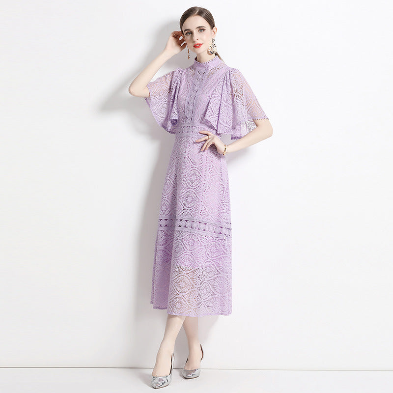 summer new stand-up collar flying sleeves temperament waist thin lace banquet dress long skirt a-word skirt