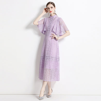 summer new stand-up collar flying sleeves temperament waist thin lace banquet dress long skirt a-word skirt