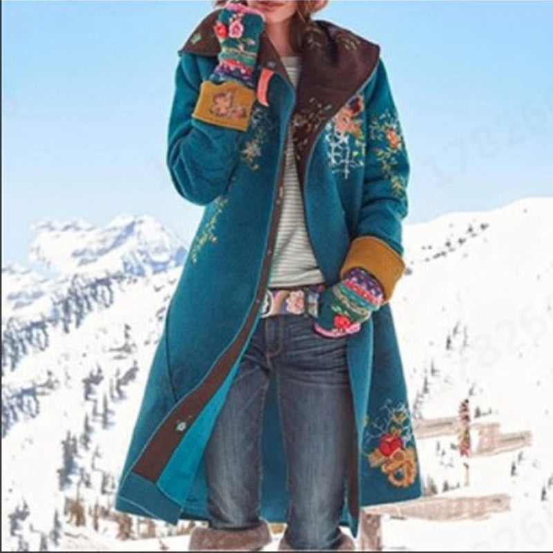 autumn and winter new Popular trade women's clothing  medium and long printed top long sleeve dragon and phoenix woolen coat