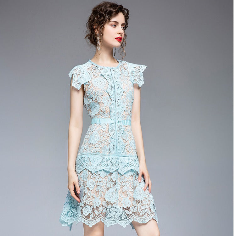 2021 summer new women's clothing heavy industry lace irregular fan skirt flying sleeves scheming slim dress