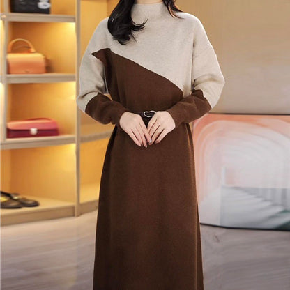 VLOVELAW Autumn and winter new fashion and thin high-end sweater skirt 2025 style color matching semi-turtleneck knitted sweater dress women
