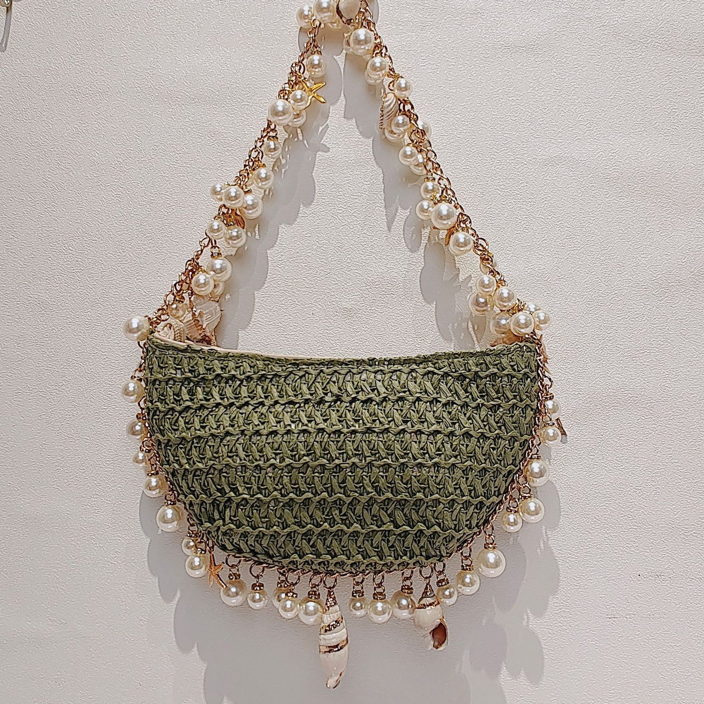 VLOVELAW Spring and Summer New All-Match Pearl Conch Straw Bag Handbags Woven Bag Seaside Holiday Women's Bag Fashion