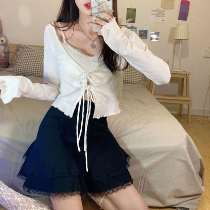 VLOVELAW # Sencee# European and American Gentle Ins Style White Cardigan Casual Bell Sleeve Expose Clavicle Temperament Long Sleeve T-shirt for Women 2025