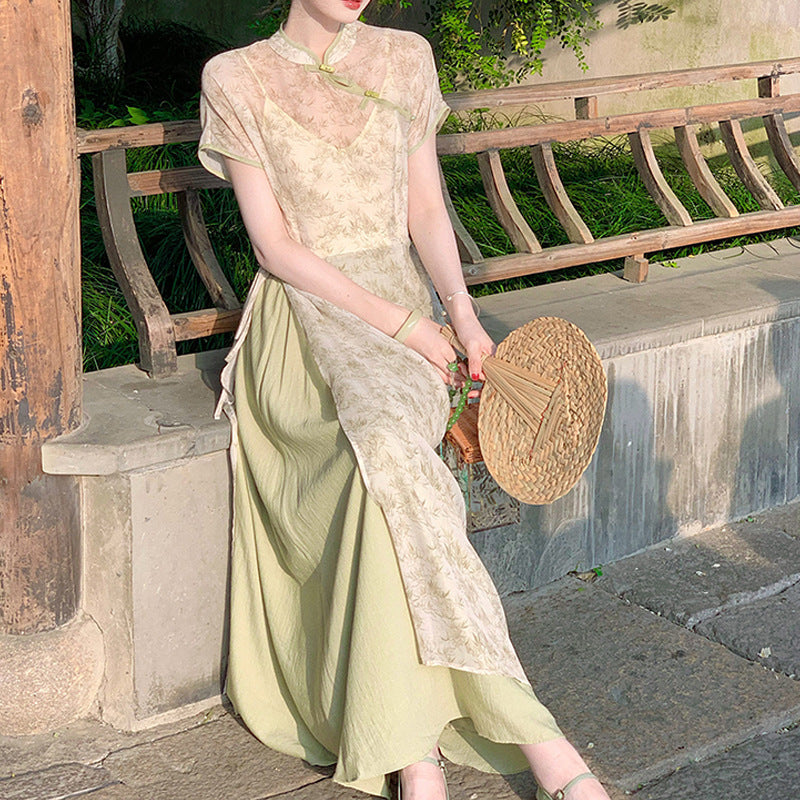 VLOVELAW Soft [South Summer Bamboo Green] New Chinese Zen Bamboo Cheongsam Suit Dress Female  Summer New