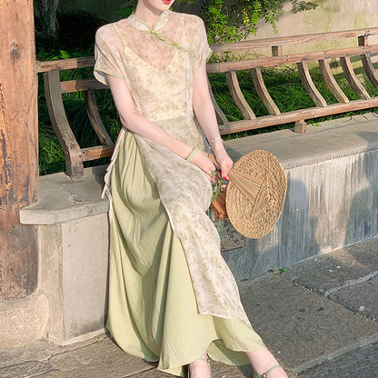 VLOVELAW Soft [South Summer Bamboo Green] New Chinese Zen Bamboo Cheongsam Suit Dress Female  Summer New