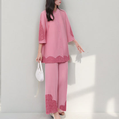 2025 Mom dress two-piece set loose large size lace versatile cardigan top straight pants casual suit spring