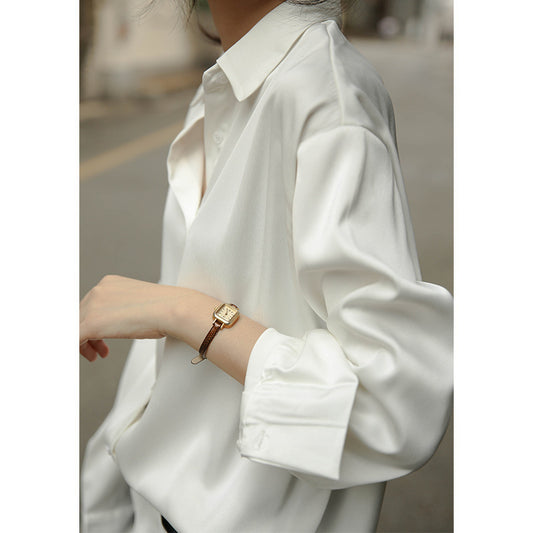 VLOVELAW Long Sleeve Satin Shirt Women's Design Sense Niche  Spring and Summer New All-Match Draping Top Retro Hong Kong Style Shirt