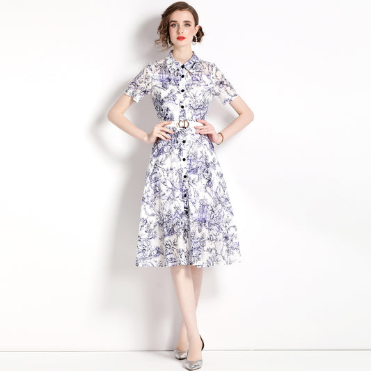 Medium and long shirt shirt skirt women's popular summer new retro lapel single-breasted printed lace-up dress