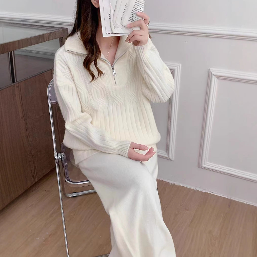 VLOVELAW Fashion high-end sweater set for women's autumn and winter lazy style zipper stand-up neck knitted sweater high-waisted wide-leg pants two-piece set