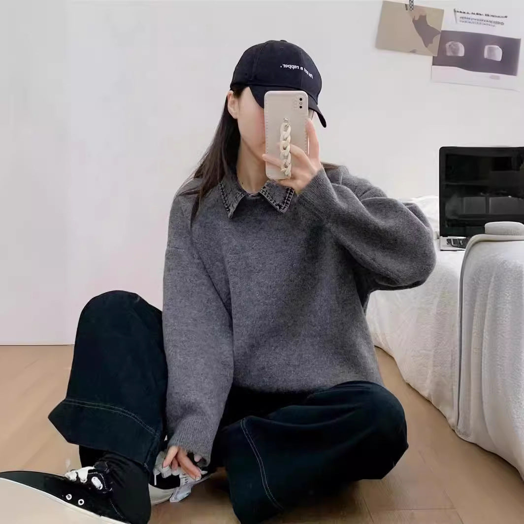 VLOVELAW Grey splicing denim collar fake two-piece sweater women's spring and autumn new versatile loose and thin pullover knitted sweater top