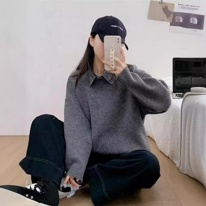 VLOVELAW Grey splicing denim collar fake two-piece sweater women's spring and autumn new versatile loose and thin pullover knitted sweater top