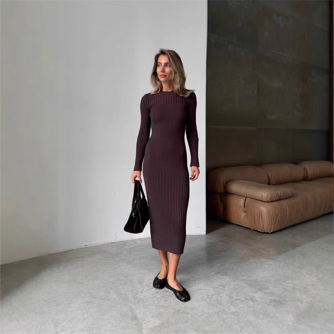 New  long-sleeved autumn and winter sweater skirt women's knitted round neck pit strip solid color tight dress women