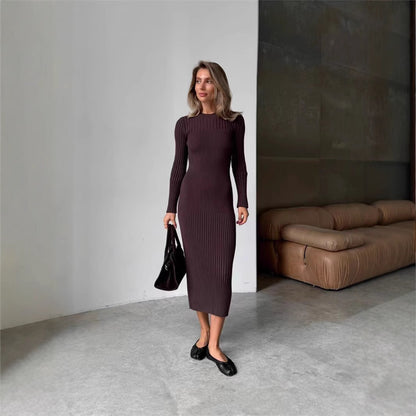 New  long-sleeved autumn and winter sweater skirt women's knitted round neck pit strip solid color tight dress women