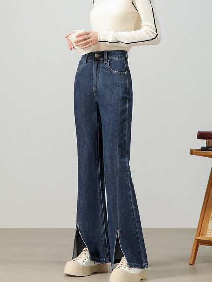 2025  Pure cotton retro versatile washed wide-leg floor-mopping pants women's spring and autumn pants with split ends loose straight jeans