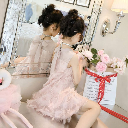 Girls' Dress Summer Internet Celebrity Children's Feathered Dress Baby Skirt Trendy Gauze Skirt Medium and Big Children's Chiffon Princess Dress