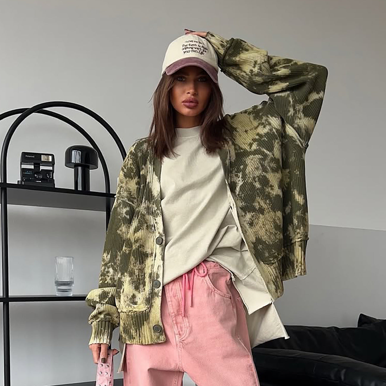 street personalized style color camouflage knitted sweater cardigan niche loose V-neck jacket female trendy brand Popular trade