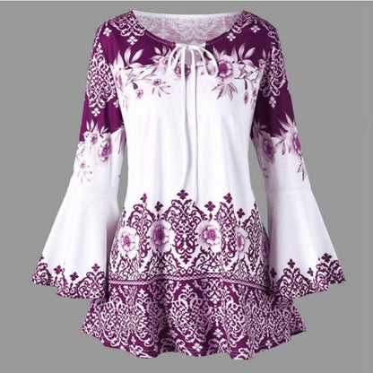 VLOVELAW European and American New  Women's Clothing Printing Long Horn Sleeve Lace-up T-shirt Slim Long Sleeve plus Size Women's Clothing