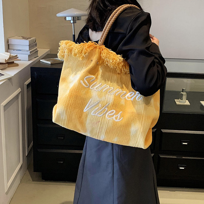 VLOVELAW Customized Cross-Border New Arrival Bag Women's Korean-Style Letter Tassel Canvas Bag Large Capacity Simple Student Shoulder Tote Bag