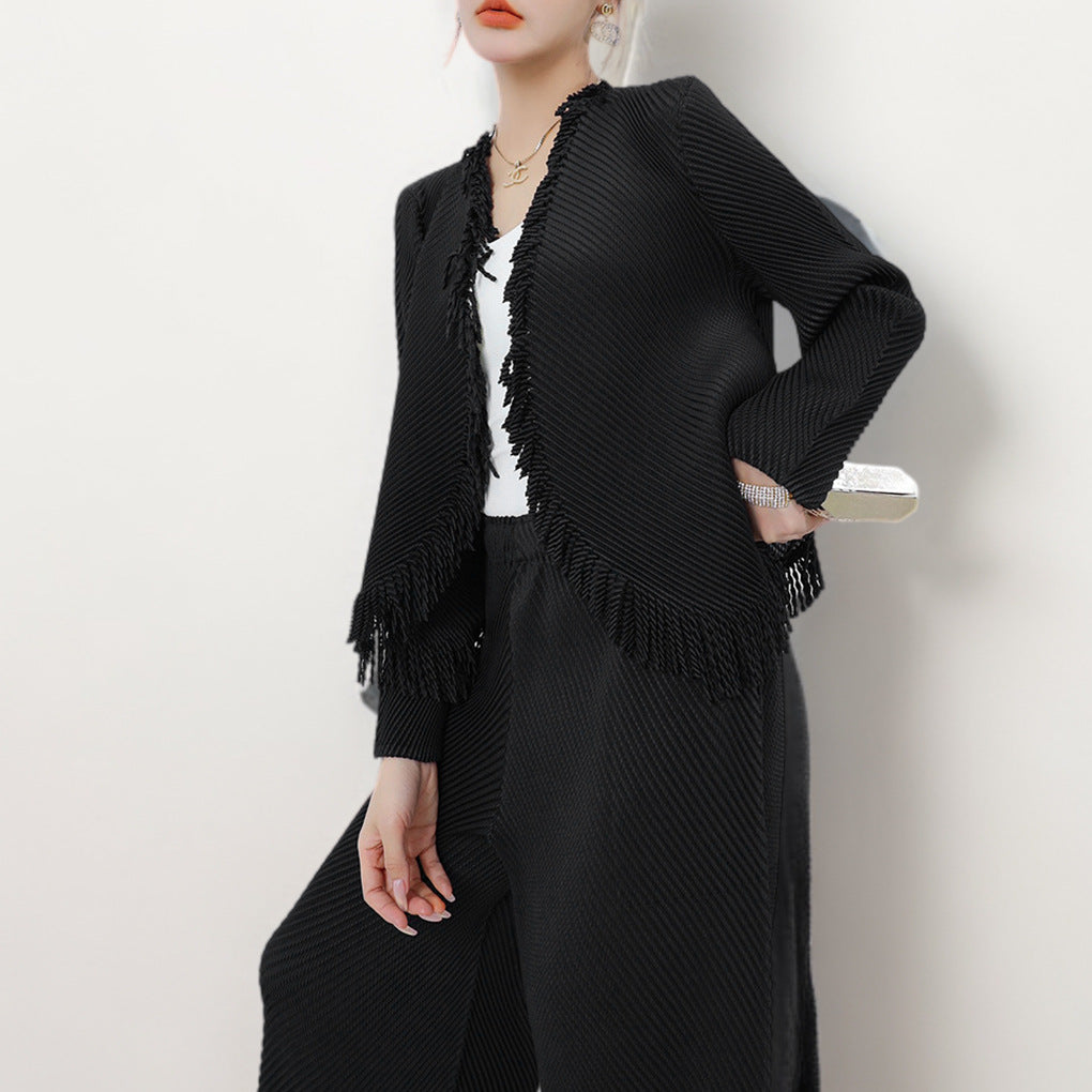 2025 Hot-selling women's clothing spring and summer wear a complete set of fringed cardigan drape straight pants temperament versatile two-piece trendy