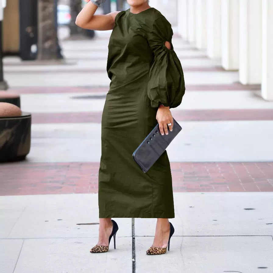 VLOVELAW Bn295 Cross-Border Foreign Trade European and American Women's Clothing Autumn New Solid Color Single Sleeve Hollow-out Side Slit Dress
