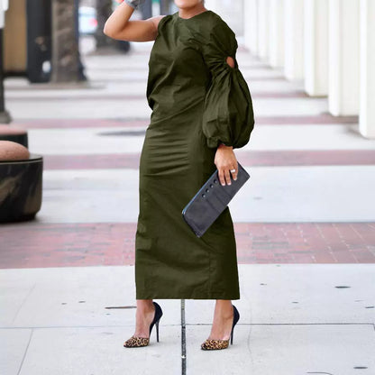 VLOVELAW Bn295 Cross-Border Foreign Trade European and American Women's Clothing Autumn New Solid Color Single Sleeve Hollow-out Side Slit Dress