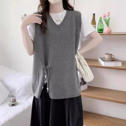 VLOVELAW Spring and Autumn New Sweater Women's Vest Knitted Vest Lazy V-Neck Loose Lace-up Cover Over Vest Wear Outside