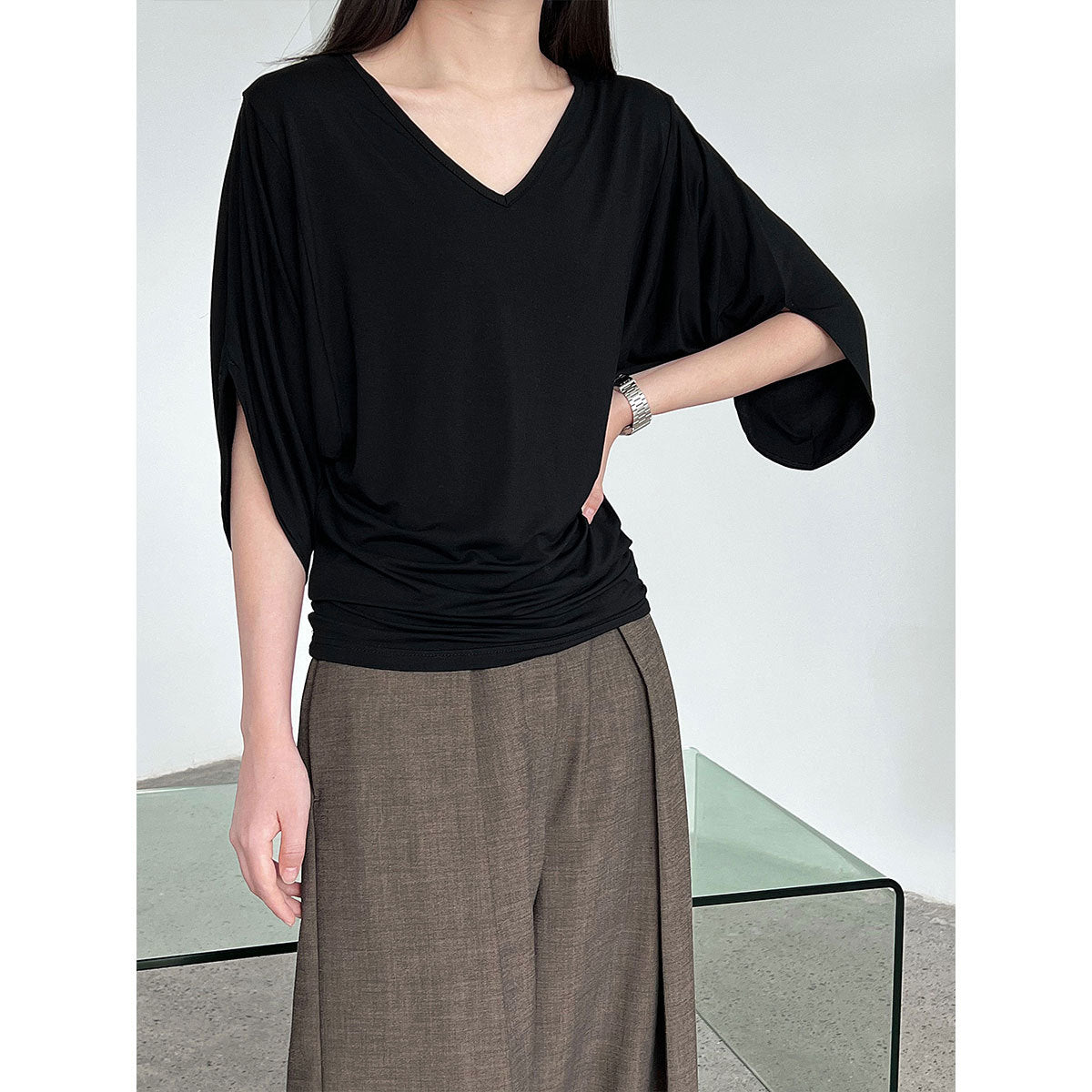 Luxi, Korean lazy style V-neck waist bat sleeve T-shirt women's summer new slim short-sleeved top 2697
