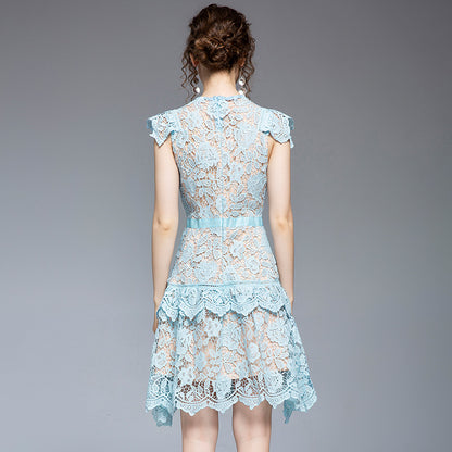 2021 summer new women's clothing heavy industry lace irregular fan skirt flying sleeves scheming slim dress
