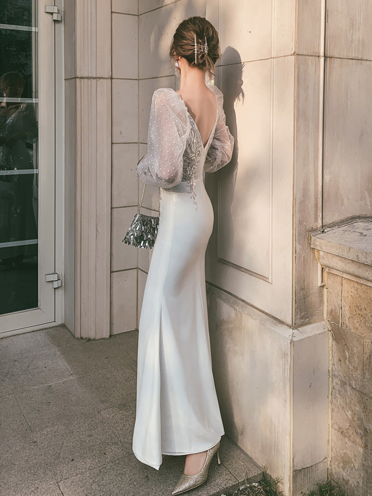 2025 Annual meeting evening dress fishtail  winter new host dress skirt female banquet temperament socialite white long