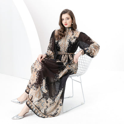 Court style high-end stand-up collar printed dress women's spring strap single-breasted design chic and beautiful long skirt