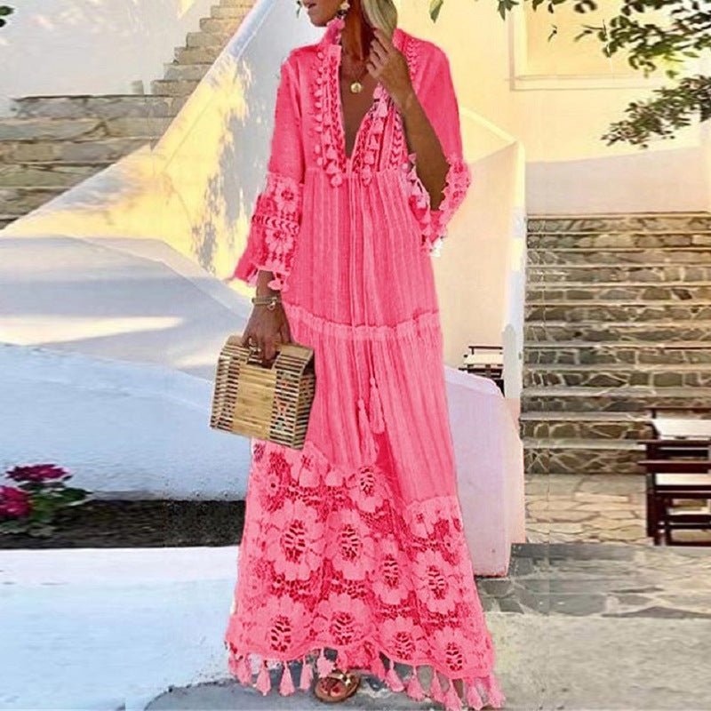 VLOVELAW Spring and Summer European and American Long Dress Bohemian Style V-neck Lace Tassel Stitching Beach Vacation Temperament Dress