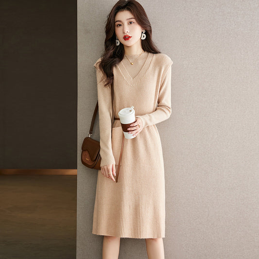 VLOVELAW elegant knitted sweater two-piece skirt autumn and winter new lace-up waist vest medium and long dress women