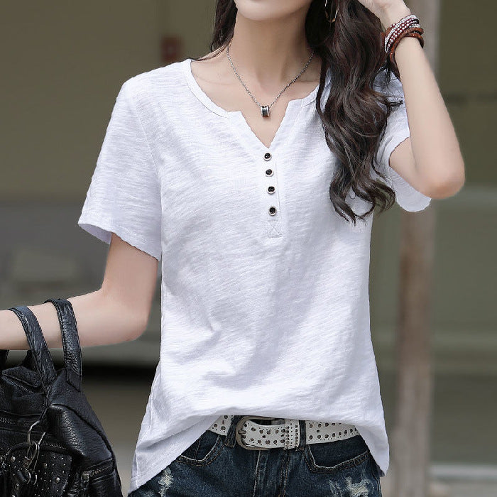 VLOVELAW [Real Price] a Large Number of in Stock Slub Cotton V-neck Buttons Short-Sleeved Women's Korean-Style Loose plus Size Cotton Top