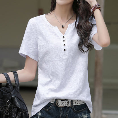 VLOVELAW [Real Price] a Large Number of in Stock Slub Cotton V-neck Buttons Short-Sleeved Women's Korean-Style Loose plus Size Cotton Top