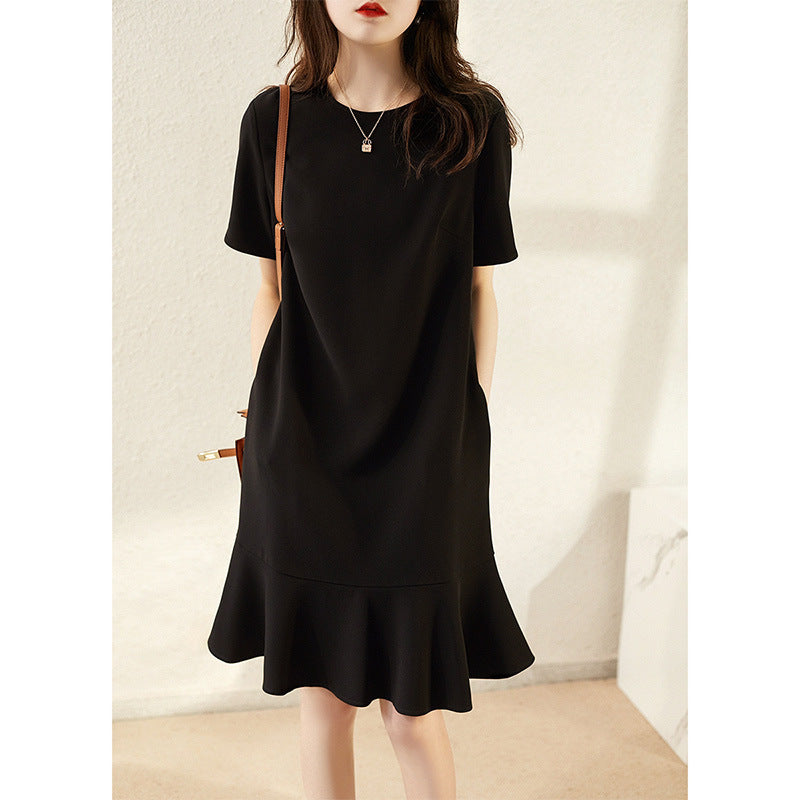 2025 triacetate fishtail small black dress high-end dress  women's new medium and long black skirt summer