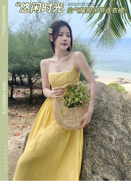 VLOVELAW Retro Yellow Waist Trimming Spaghetti Straps Dress Women's Summer Summer  New Seaside Vacation Gentle Sexy Long Dress