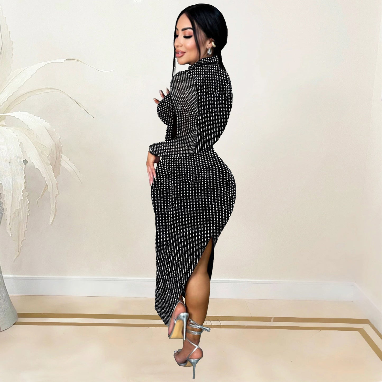 2025 C7093    Popular and  Fashion Women's Clothing Hot Diamond Slim Bag Arm Long Sleeve Two-piece Skirt New