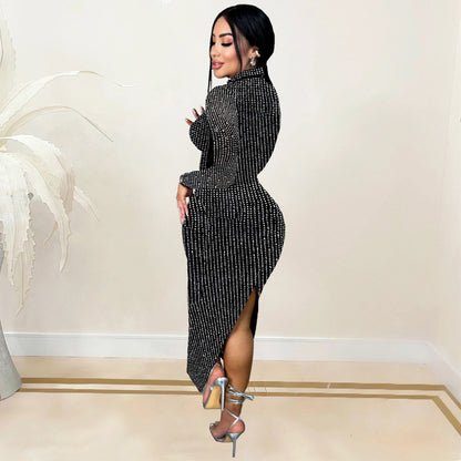 2025 C7093    Popular and  Fashion Women's Clothing Hot Diamond Slim Bag Arm Long Sleeve Two-piece Skirt New