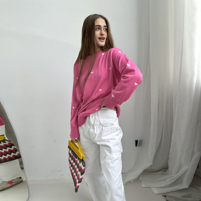 KKBOXLY Cross-border love printing sweater New new autumn and winter 2025 style temperament commuting casual crew neck design sweater