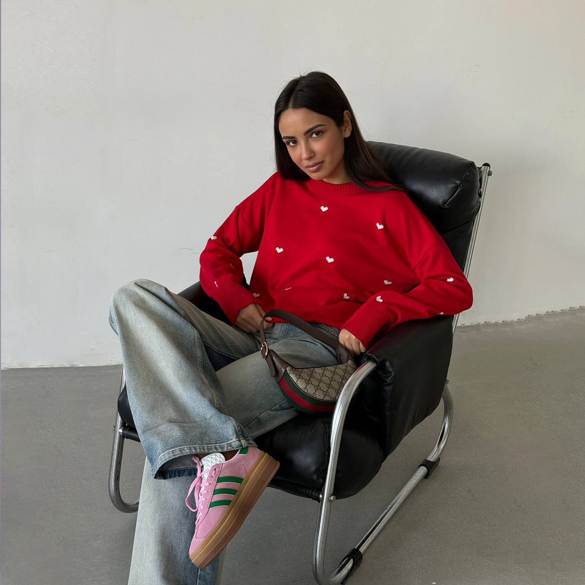 KKBOXLY Cross-border love printing sweater New new autumn and winter 2025 style temperament commuting casual crew neck design sweater
